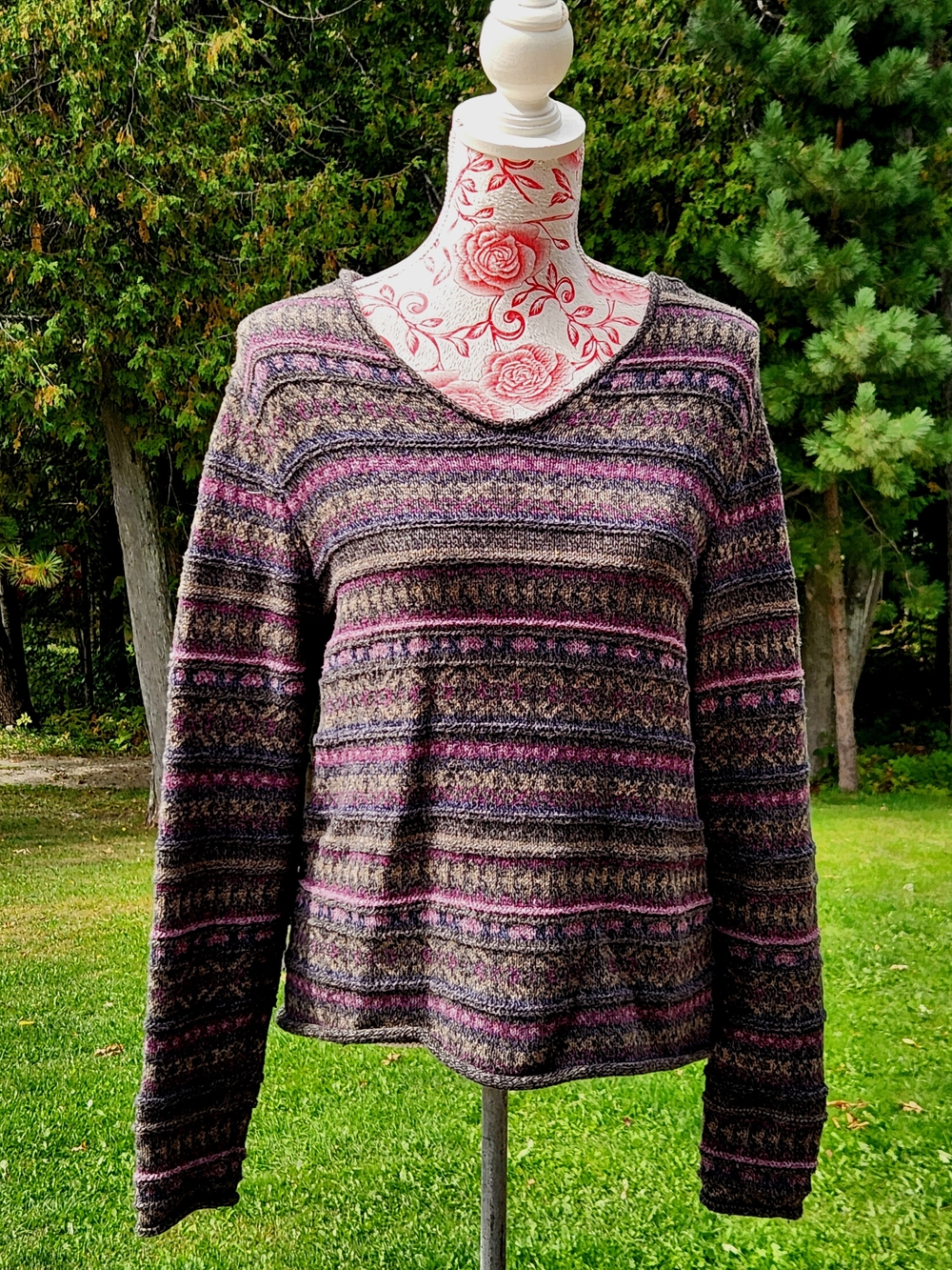 Eddie Bauer Striped V-Neck Sweater in Purple and Brown